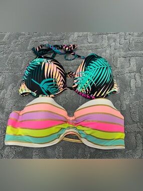 Colorful Tropical Palm & Striped Bandeau Bikini Tops